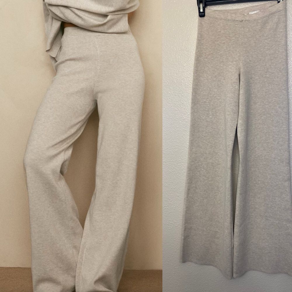 H&M fine knit beige oatmeal Wide Leg sweater Pants lounge wear trouser tan XS